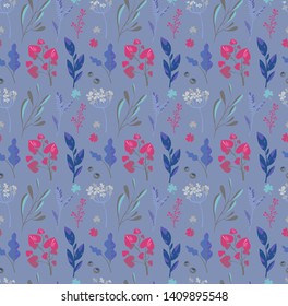 Beautiful romantic flower pattern on a blue and gray background. Vector illustration in retro style.