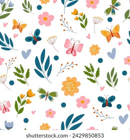 Beautiful romantic flower pattern with roses, leaves, branches and butterflies. Great for Easter Card, banner, textile, wallpaper - vector design