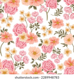 Beautiful romantic flower seamless pattern with roses, tulips, lilac floral, peony, poppy, floral bud, and leaf branch vector illustration elements for fabric, gift wrapping paper, decorations