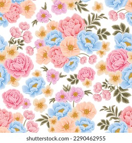 Beautiful romantic flower seamless pattern with roses, tulips, lilac floral, peony, poppy, floral bud, and leaf branch vector illustration elements for fabric, gift wrapping paper, decorations