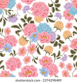 Beautiful romantic flower seamless pattern with roses, tulips, lilac floral, peony, poppy, floral bud, and leaf branch vector illustration elements for fabric, wedding, gift wrapping paper, decoration
