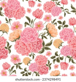 Beautiful romantic flower seamless pattern with roses, tulips, pink floral, peony, floral bud, and leaf branch vector illustration elements for fabric, wedding, gift wrapping paper, decorations