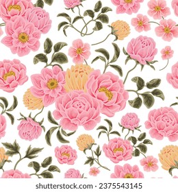 Beautiful romantic flower seamless pattern with roses, tulips, pink floral, peony, floral bud, and leaf branch vector illustration elements for fabric, wedding, gift wrapping paper, decorations