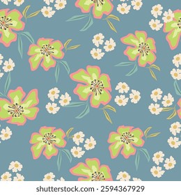 Beautiful romantic flower seamless pattern with roses, tulips, lilac floral, peony, poppy, floral bud, and leaf branch vector illustration elements for fabric, wedding, gift wrapping paper, decoration