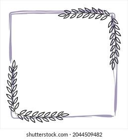 Beautiful romantic frame. A square shape made of leaves and watercolor stains. Leaves in the corners. The colors are lilac (purple). Vector illustration.