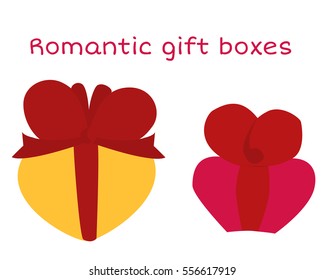 Beautiful romantic gift boxes in bright colors. Colorful presents in modern flat cartoon style for your valentines holiday design. Vector illustration isolated on white background.