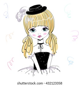 Beautiful romantic girl in a black hat, vector illustration in vintage style.