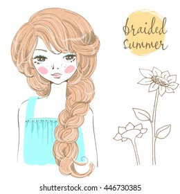 Beautiful romantic girl with braided hair. Trendy summer hairstyle. Lettering and sunflowers on the background.
