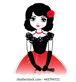 Beautiful romantic girl. Flamenco dancer, spanish, brunette in black and red colors.