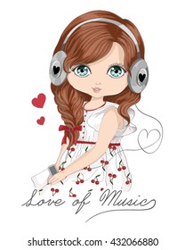 Beautiful romantic girl vector design. Love of music.
