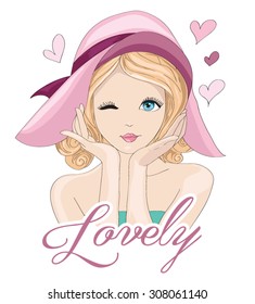 Beautiful romantic girl vector design.T-shirt Graphics.Hat cartoon child character.