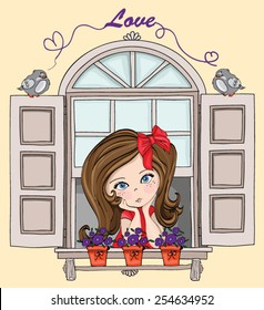 Beautiful romantic girl vector illustration.Children graphic design.