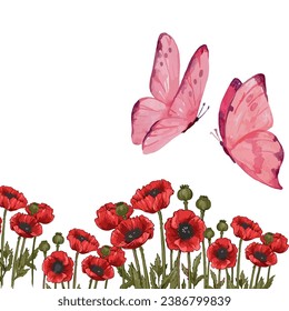 beautiful and romantic illustration of butterflies and red flowers