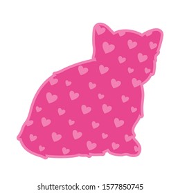 Beautiful romantic illustration with heart shapes decorated pink kitten silhouette isolated on white background
