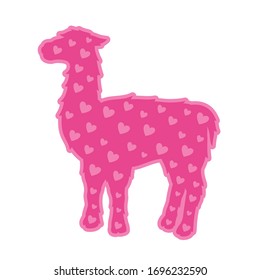 Beautiful romantic illustration with pink lama silhouette with heart shapes isolated on the white background