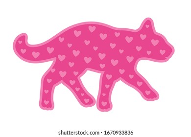 Beautiful romantic illustration for valentines day with pink walking cat silhouette and heart shapes on the white background