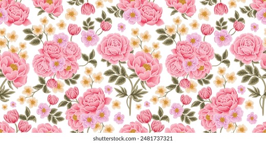 Hermoso patrón sin fisuras del paisaje romántico con flores de rosa, tulipanes, lilas, peonía, brote floral, y Elementos de Ilustración vectorial de rama de hoja para la tela, papel de envoltura de regalo, decoraciones