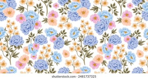 Hermoso patrón sin fisuras del paisaje romántico con flores de rosa, tulipanes, lilas, peonía, brote floral, y Elementos de Ilustración vectorial de rama de hoja para la tela, papel de envoltura de regalo, decoraciones