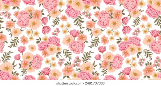 Wunderschöne romantische Landschaft nahtlose Muster mit Rosenblumen, Tulpen, Flieder, Pfingstrose, Blumenknospe und Blattzweig Vektorillustration Elemente für Stoff, Geschenkpapier, Dekorationen