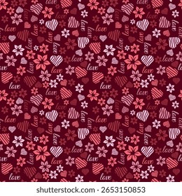 Beautiful romantic love seamless pattern in burgundy coral tones. Vector illustration for print, fabric, cover, packaging, interior decor, blog decoration and other your projects.