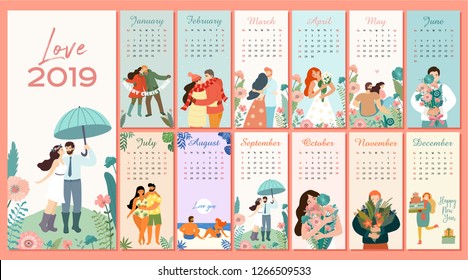 Beautiful romantic monthly calendar 2019 with couples in love. Can be used for banner, poster, card, postcard and print.