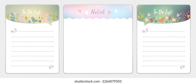 Beautiful Romantic Notes and To Do List Templates Set. Three cards with love symbols. Spring Collection. Different design elements Set.