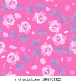 Beautiful romantic pattern with roses flowers, leaves and petals on pink background. Print for fabric.