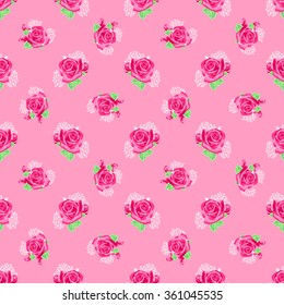 Beautiful and romantic pattern with roses on a pink background.