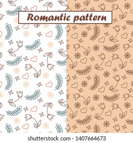 Beautiful romantic patterns set with flowers, hearts and leaves. Great elements for your design.