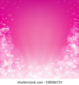 Beautiful romantic pink background with hearts, bokeh lights, stars and sparkles. Vector illustration.