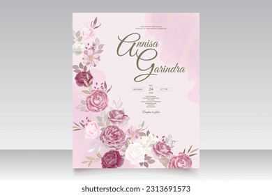 Hermosa plantilla de tarjeta de invitación a boda con marco floral rosa y romántico Premium Vector