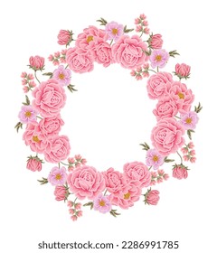 Beautiful romantic pink flower frame wreath with roses, lilac floral, peony, poppy and leaf branch vector illustration elements