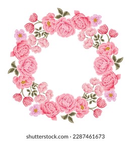 Beautiful romantic pink flower frame wreath with roses, lilac floral, peony, poppy and leaf branch vector illustration elements