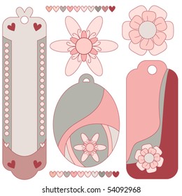 Beautiful romantic pink vector tag collection with hearts and flowers