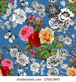 Beautiful romantic seamless floral pattern with colorful roses and butterflies on blue background vector illustration