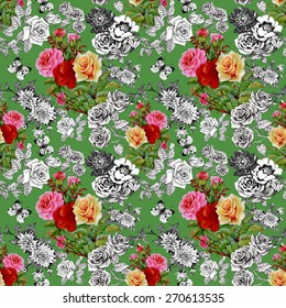 Beautiful romantic seamless floral pattern with colorful roses and butterflies on green background vector illustration
