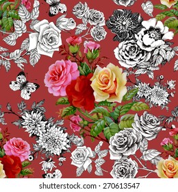 Beautiful romantic seamless floral pattern with colorful roses and butterflies on red background vector illustration