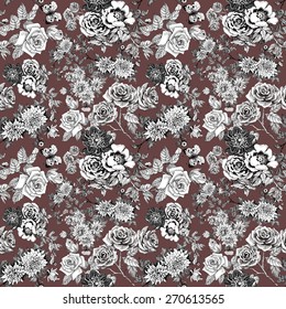 Beautiful romantic seamless floral pattern with butterflies on brown background vector illustration