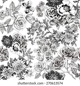 Beautiful romantic seamless floral pattern with butterflies on white background vector illustration