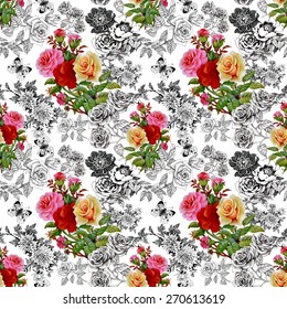 Beautiful romantic seamless floral pattern with colorful roses and butterflies on white background vector illustration
