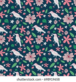 Beautiful romantic seamless pattern with colored birds and flowers for textile, fabric, top and card use. Vector illustration.