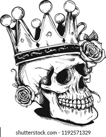 Beautiful romantic skull with crown and elegant wreath of flowers. Ink on aged card vintage background. Tattoo vintage design element.