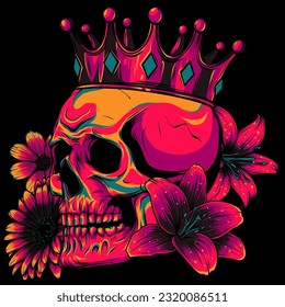 Beautiful romantic skull with crown and elegant wreath of flowers on black background