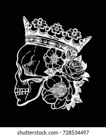 Beautiful romantic skull with crown and elegant wreath of flowers. Ink on aged card vintage background. Tattoo vintage design element. Vector illustration.
