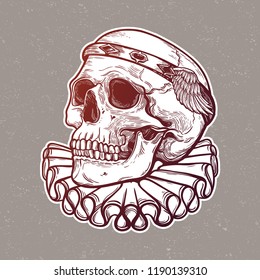 Beautiful romantic skull with elegant diadem. Ink on aged card vintage background. Tattoo vintage design element. Vector illustration.