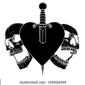 Beautiful romantic skulls with sword and elegant wreath of flowers inside the heart. Ink on aged card vintage background. Tattoo vintage design element.