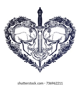 Beautiful romantic skulls with sword and elegant wreath of flowers inside the heart . Ink on aged card vintage background. Tattoo vintage design element. Vector illustration.
