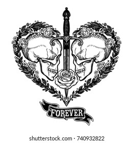 Beautiful romantic skulls with sword and elegant wreath of flowers inside the heart. Ink on aged card vintage background. Tattoo vintage design element. Vector illustration.
