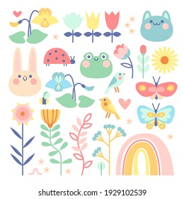 Hermosa puesta de primavera romántica. Colección de lindos animales, pájaros e insectos, flores florecientes y decoración floral aislada de fondo blanco. Ilustración del vector de color brillante en la caricatura plana