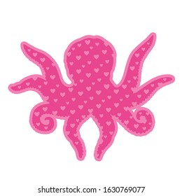 Beautiful romantic sticker with pink squid silhouette with heart shapes on the white background